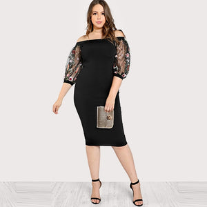 SHEIN Black Plus Size Party Summer Dress Off the Shoulder Bardot Pencil Dress Embroidered Mesh Sleeve Large Sizes Sexy Dress - Ailime Designs