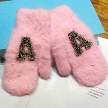 Load image into Gallery viewer, Women&#39;s Novelty Faux Pearl &amp; Beaded Alphabet Letter Rabbit Fur Gloves- Fuzzy Soft Warm - Ailime Designs