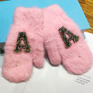 Women's Novelty Faux Pearl & Beaded Alphabet Letter Rabbit Fur Gloves- Fuzzy Soft Warm - Ailime Designs