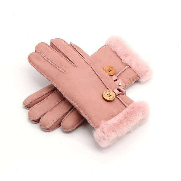 Women's Sheepskin Leather Thick Gloves For Women - One Button w/ Faux Edge Trim - Ailime Designs