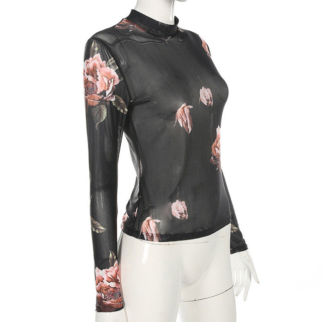 Women's Bodycon Floral Sheer Long Sleeve Tops - Ailime Designs