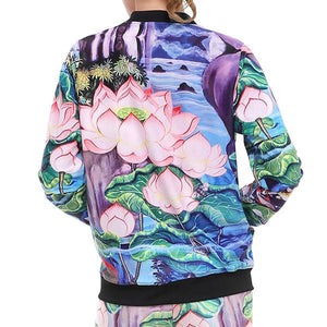 Women's Multi Printed Lotus & River Fish Pond Style Jacket w/ Zipper Front Panel & Rib Trimmings - Ailime Designs