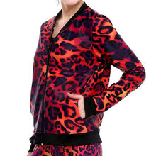 Load image into Gallery viewer, Red Leopard Printed Women&#39;s Jacket w/ Zipper &amp; Black Contrast Rib Trimmings - Ailime Designs