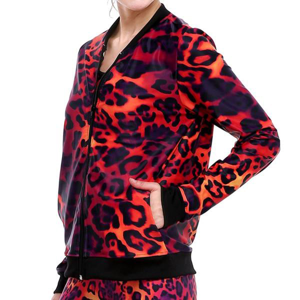 Red Leopard Printed Women's Jacket w/ Zipper & Black Contrast Rib Trimmings - Ailime Designs
