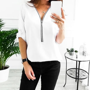 Women Zipper-To-Collar Tailored Classic Shirts w/ Tab Sleeves Holders - Ailime Designs