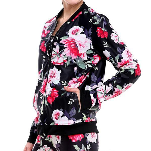 Beautiful Floral Printed Women's Jacket w/ Zipper & Black Contrast Rib Trimmings - Ailime Designs