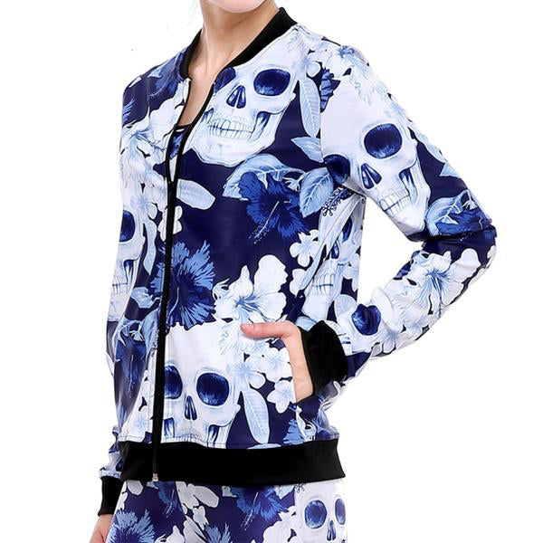 Beautiful Women's Skeleton Blue Screened Printed Jacket w/ Zipper  & Contrast Black Trim - Ailime Designs