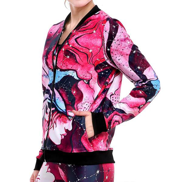 Rose Red Woman's Abstract Printed Jacket w/ Zipper & Contrast Black Rib Trimming