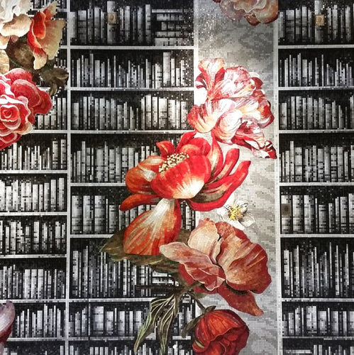 Book Shelf & Flowers Mosaic Tile Art Design