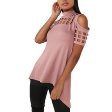 Load image into Gallery viewer, Women&#39; Crewneck Hollow-out Shoulder Tops w/ Window Pane Design &amp; Asymmetrical Hem - Ailime Designs