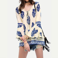 Load image into Gallery viewer, Women&#39;s Flounce Sleeves Leaf Motif Printed Tops w/ String Tie - Ailime Designs
