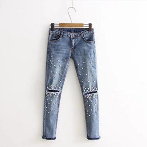 Stylish Fashionable Women's Pearl Beaded Denim Jeans w/ Ragout Knees - Ailime Designs