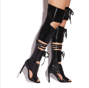 Women's Snake Skin Print Design Knee-high Shoe Boots