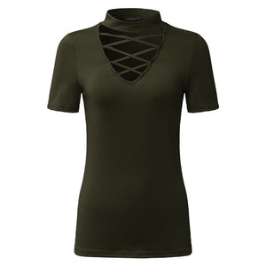 Chocker Style Women's V-neck Lattice Chest Design Tops w/ Cap Sleeves - Ailime Designs