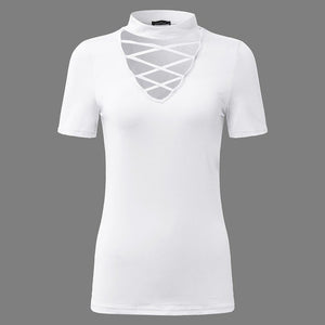 Chocker Style Women's V-neck Lattice Chest Design Tops w/ Cap Sleeves - Ailime Designs