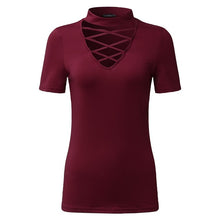 Load image into Gallery viewer, Chocker Style Women&#39;s V-neck Lattice Chest Design Tops w/ Cap Sleeves - Ailime Designs
