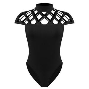 Womens Choker High Neck Bodycon Caged Sleeves Jumpsuit Bodysuit Tops - Ailime Designs