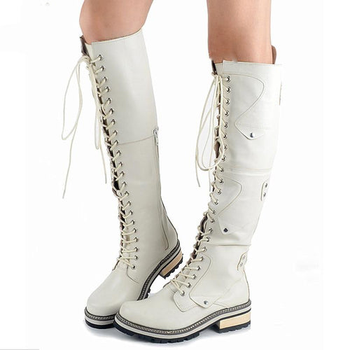 Women's Rivet & Lace String Tie Leather Skin Boots