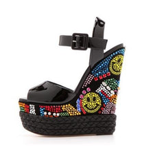 Load image into Gallery viewer, Women&#39;s Colorful Simile Face Bead Design Patent Leather Wedge Shoes