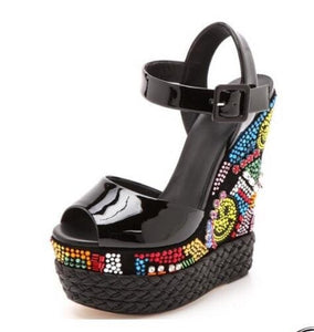 Women's Colorful Simile Face Bead Design Patent Leather Wedge Shoes
