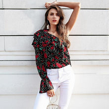 Load image into Gallery viewer, Beautiful Women&#39;s Red Flower Chiffon Blouse w/ Ruffle Sleeves &amp; Layered Shoulder Design - Ailime Designs