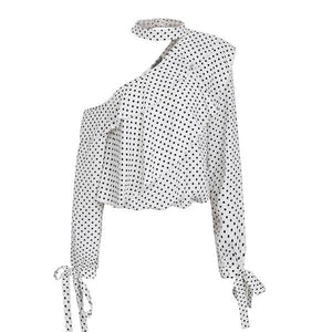 Hollow-Cut Shoulder Women's Polka Dot Long Sleeve Ruffle Blouse w/ String Ties - Ailime Designs