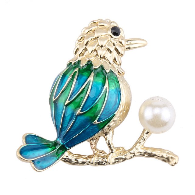 Multi Colored Blue-Green Bird Pin Brooches w/ Simulated Pearl Branch - Fashion Garment Accessories - Ailime Designs