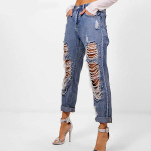 Plus Size Beauties Women's Ripped Style Jeans w/ Bead Trim Detail Design - Ailime Designs