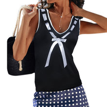 Load image into Gallery viewer, White Stylish Sleeveless Tank Tops For Women w/ Contrast Blue Piping &amp; Ribbon Design - Ailime Designs
