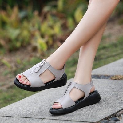 Women's Genuine Leather Zipper Top Design Sling-back Sandals - Ailime Designs