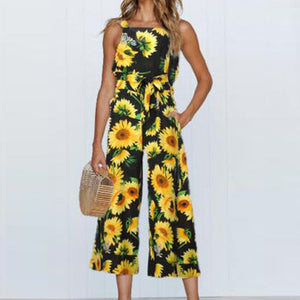 Women Boho Sunflower Printed Jumpsuit Femme Summer Jumpsuits Overalls Girl Sleeveless Beach Casual Romper Pocket Plus Size GV429 - Ailime Designs
