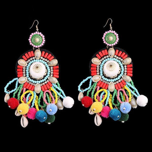 Bohemian Colorful Women's Stud Earrings w/ Loop Beads & Pom Pom Trim - Ailime Designs