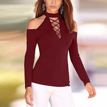 Load image into Gallery viewer, Sexy Hollow-out Shoulders Women&#39;s Bodycon Fitted Tops w/ Long Sleeves &amp; Lattice Design - Ailime Designs