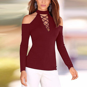 Sexy Hollow-out Shoulders Women's Bodycon Fitted Tops w/ Long Sleeves & Lattice Design - Ailime Designs