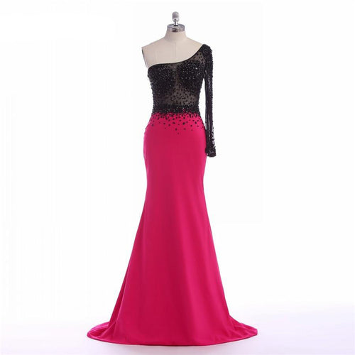 Fuchsia Block Design Sheer Bodice Evening Wear Dresses - Ailime Designs