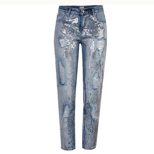 Plus Size Beauties Bling Sequin Low Waist Jeans w/ Pockets & Slim Fit - Ailime Designs