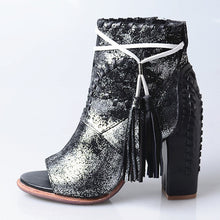 Load image into Gallery viewer, Women&#39;s Genuine Leather Peep Toe Tassel Design Shoe Boots w/ Basket Weave Heels