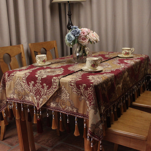 Traditional Style Vintage Classic Elegant Table Cloths w/ Tassel Trim Detail - Ailime Designs