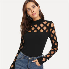 Load image into Gallery viewer, Lattice Design Women&#39;s Fitted Bodycon Crew neck Tops - Ailime Designs