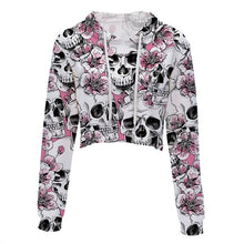 Load image into Gallery viewer, Skull &amp; Flowers Women&#39;s Crop Waisted Hoodie w/ Drawstring Neck Tie - Long Sleeves - Ailime Designs