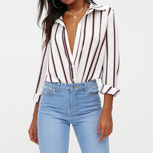 Women's Striped Turn Down Collar Long Sleeve Work Shirts - Ailime Designs - Ailime Designs