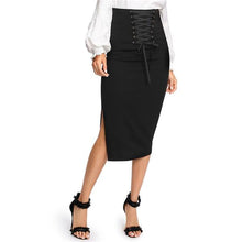 Load image into Gallery viewer, Women&#39;s Stylish Knee Length Black Pencil Skirt w/ Side Split &amp; Lace Tie Panel - Ailime Designs