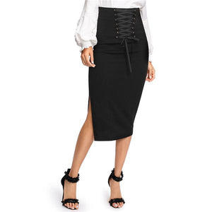 Women's Stylish Knee Length Black Pencil Skirt w/ Side Split & Lace Tie Panel - Ailime Designs
