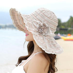 Women's Ribbon Trim Wave Design Wide Floppy Summer Hats - Ailime Designs