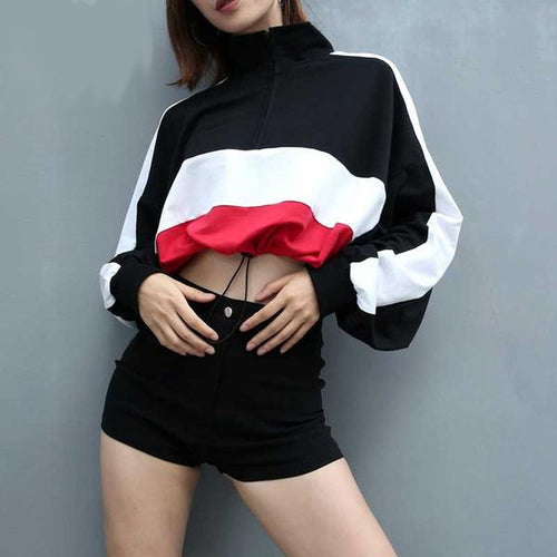 Women's Long Sleeve Three Color Style Sweatshirt Pullovers - Short Waisted Casuals w/ Drawstring Tie - Ailime Designs
