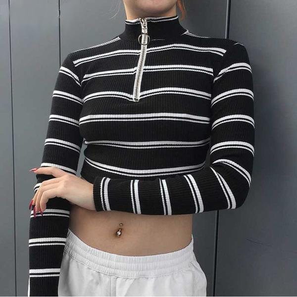 Zipper Front Crop-Top Women's Pullovers w/ Long Sleeves - Ailime Designs