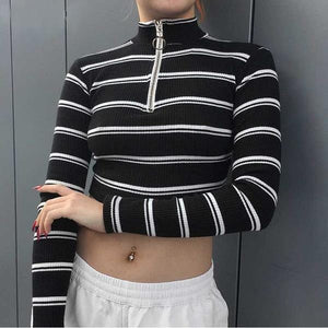 Zipper Front Crop-Top Women's Pullovers w/ Long Sleeves - Ailime Designs