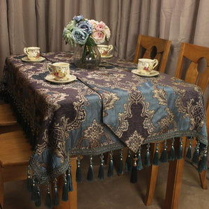 Jacquard Print Design Luxury Classic Tablecloth Sets w/ Tassel Trim Design - Ailime Designs