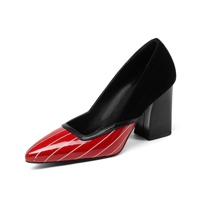 Women's  Stylish Pin Stripe Design Low-Heel Pumps - Ailime Designs