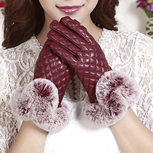 Women's Gloves - Quilted Pu Leather w/ Rabbit Fur Trim - Ailime Designs